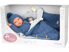 Bambola Reborn Alberto 40cm con sacco a pelo blu
