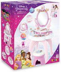 Smoby - Disney Princess specchiera 2 in 1 con sgabello, specchio girevole e 10 accessori