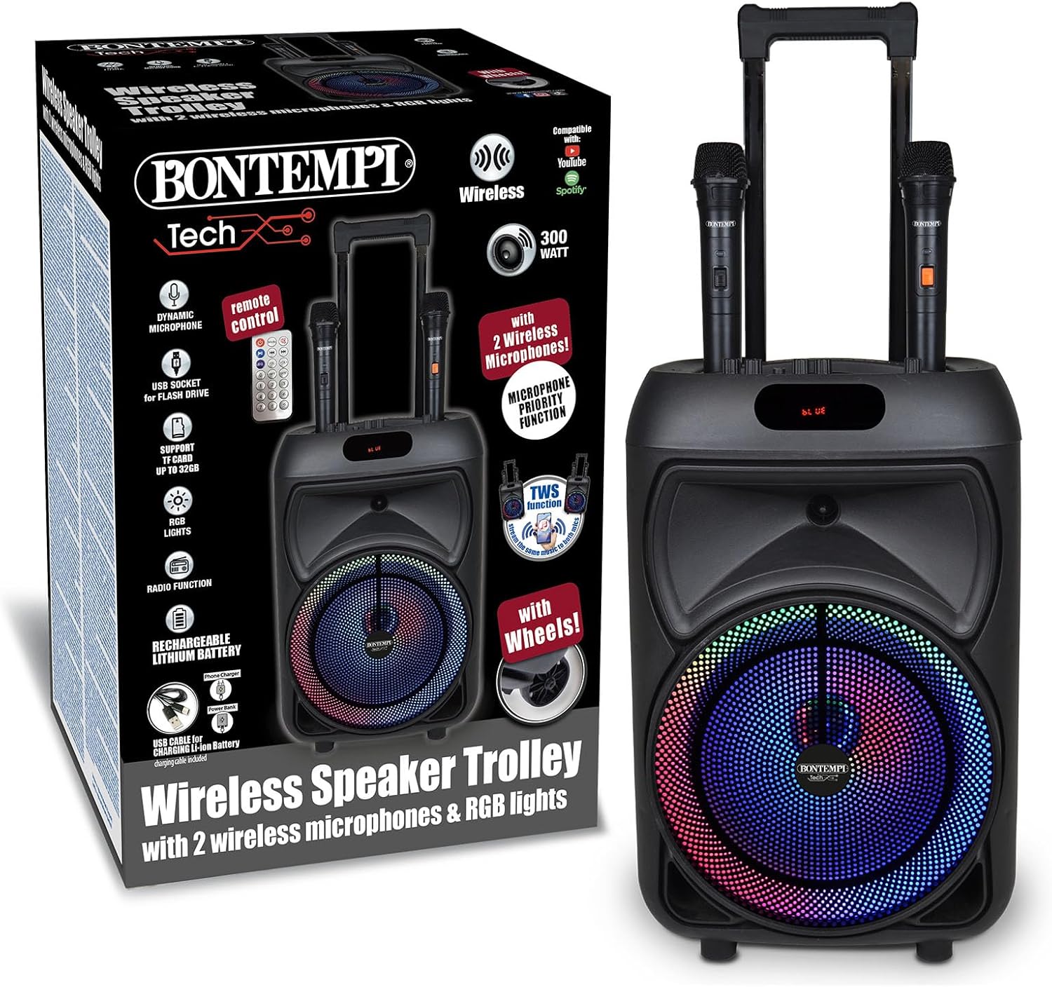 Cassa Amplificatore Trolley Karaoke con 2 Microfoni Wireless, luci RGB e display
