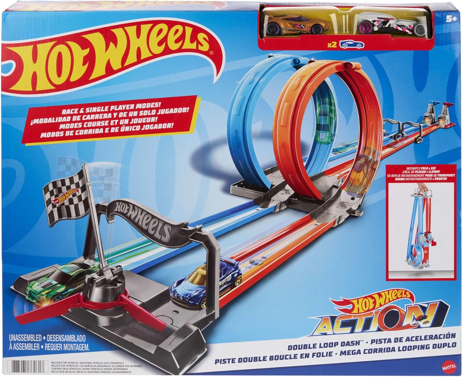 Hot Wheels - Set Pista con Doppio Giro Mortale con 2 macchinine