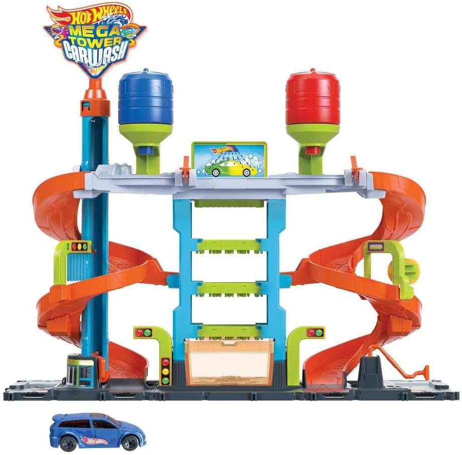 Hot Wheels City - Mega Torre Autolavaggio con macchinina e serbatoi per l'acqua