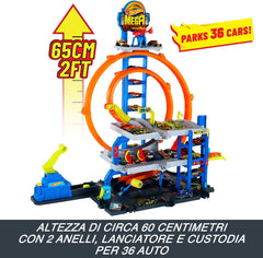 Hot Wheels City - Playset Mega Loop Garage con macchinina ed elicottero