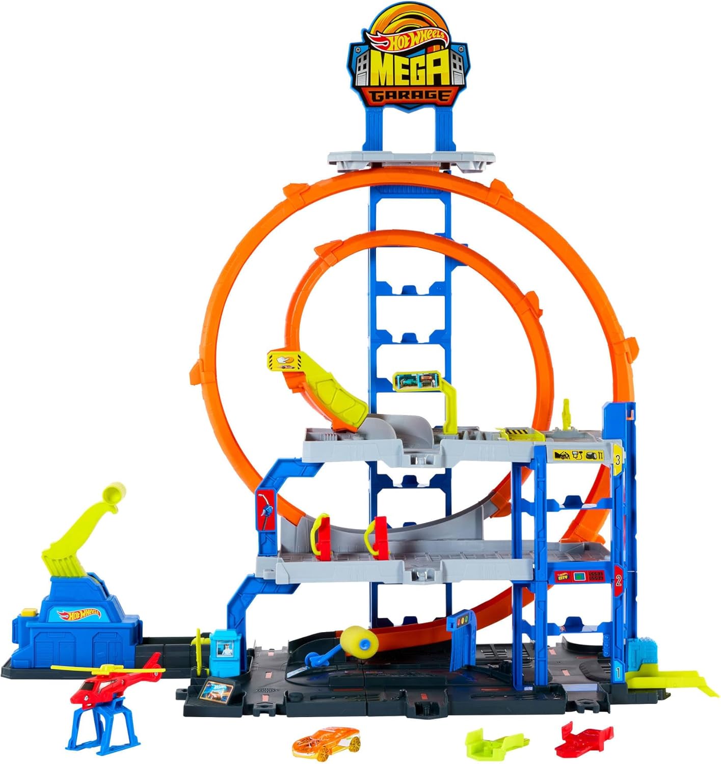 Hot Wheels City - Playset Mega Loop Garage con macchinina ed elicottero