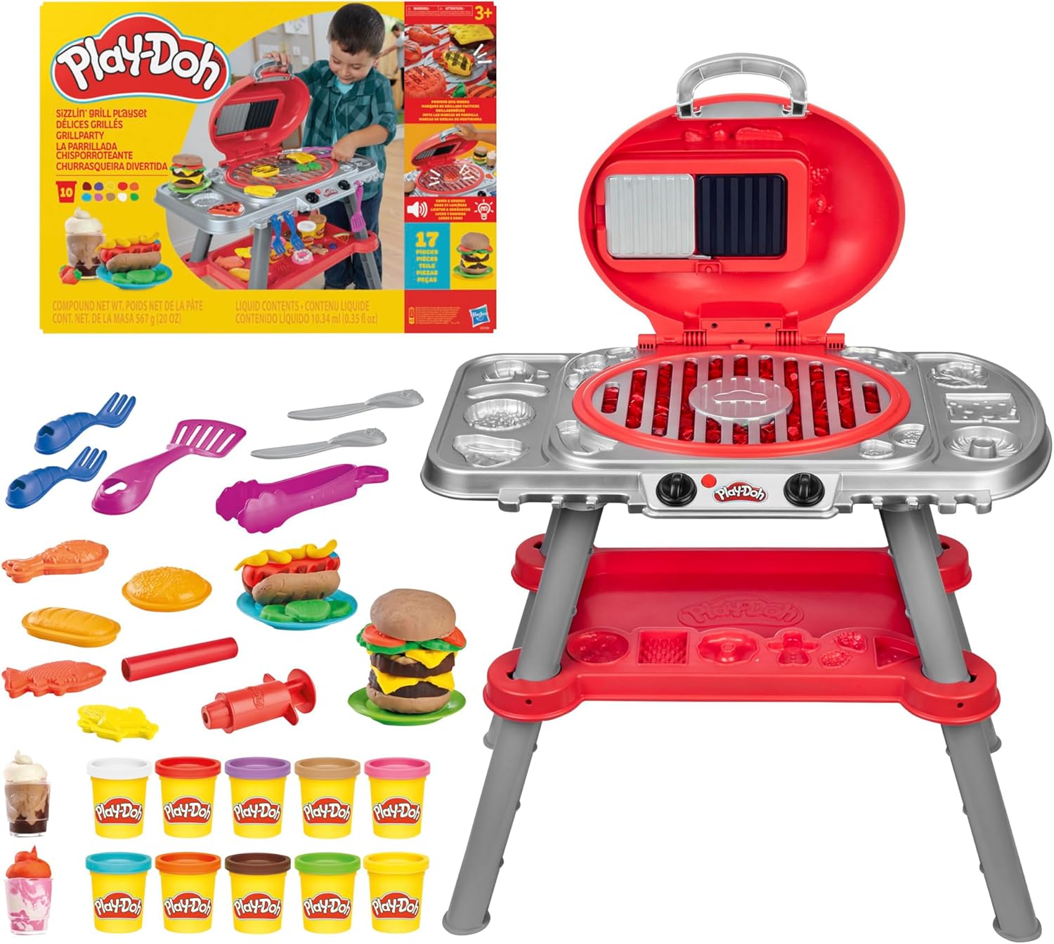Play-Doh - Playset Griglia per piccoli cuochi con accessori per il barbecue e 10 vasetti di pasta modellabile