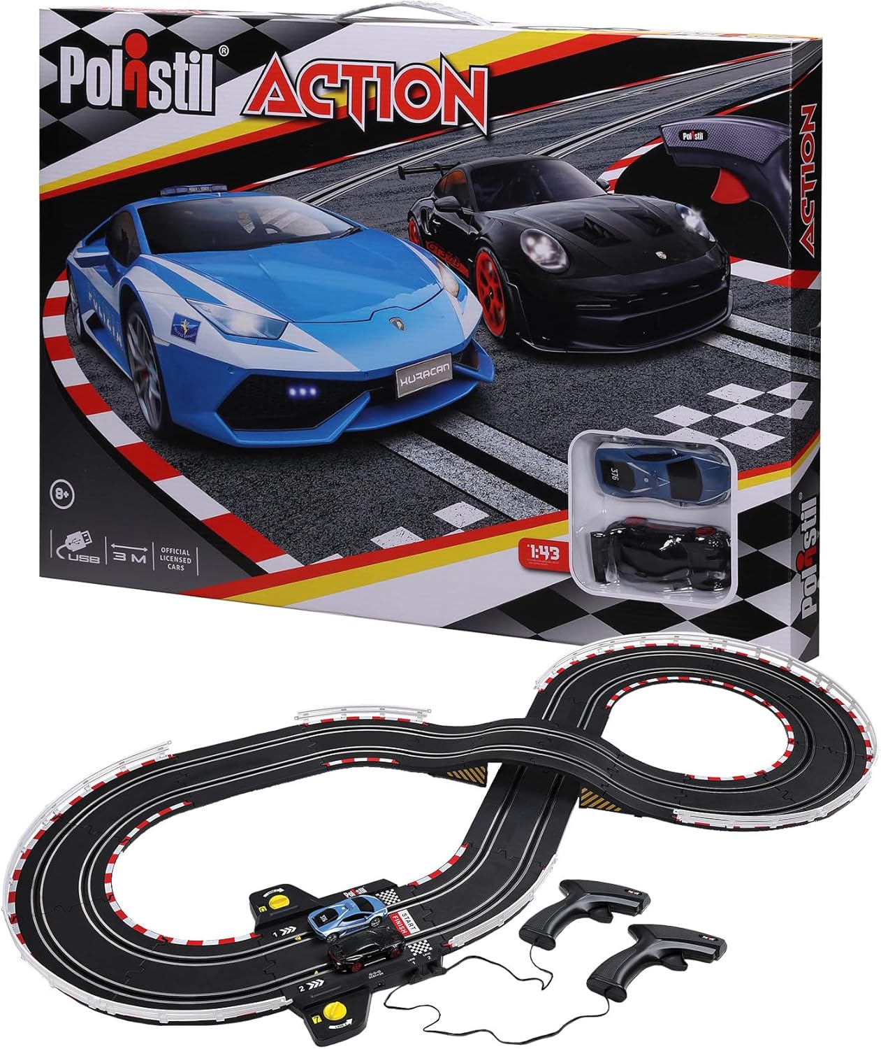 Polistil Action - Pista Elettrica con Lamborghini Huracan Polizia e Porsche 911 GT3