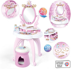 Smoby - Disney Princess specchiera 2 in 1 con sgabello, specchio girevole e 10 accessori
